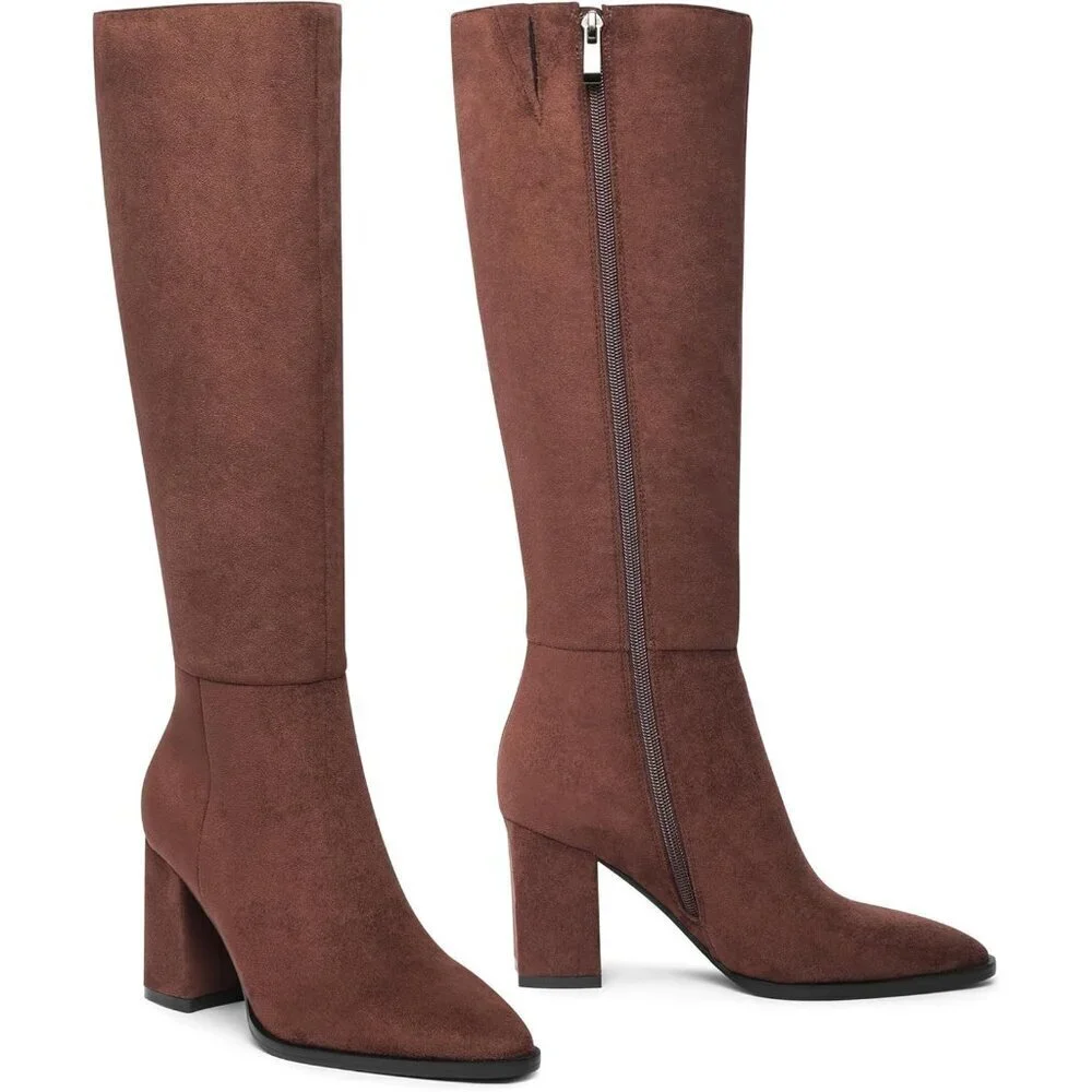 Women's Brown 1 Classic Chunky Heel Pointed Toe High Heel Side Zipper Tall Boot